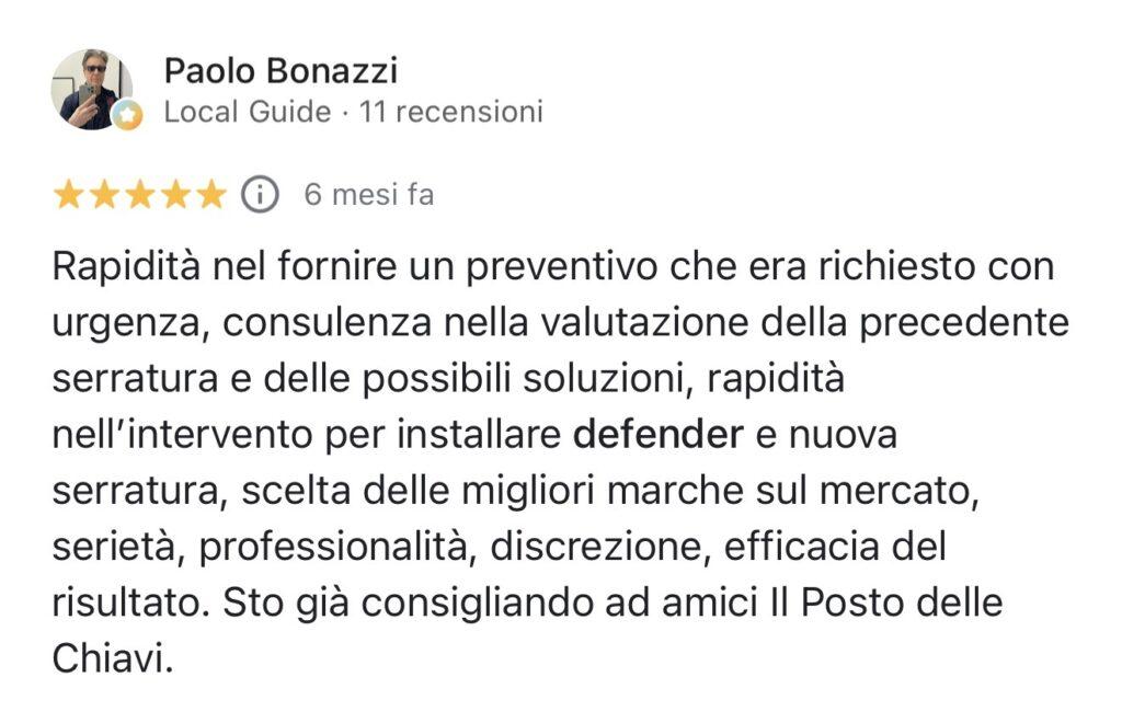 Recensione Google di Paolo Bonazzi sull'installazione defender e nuova serratura