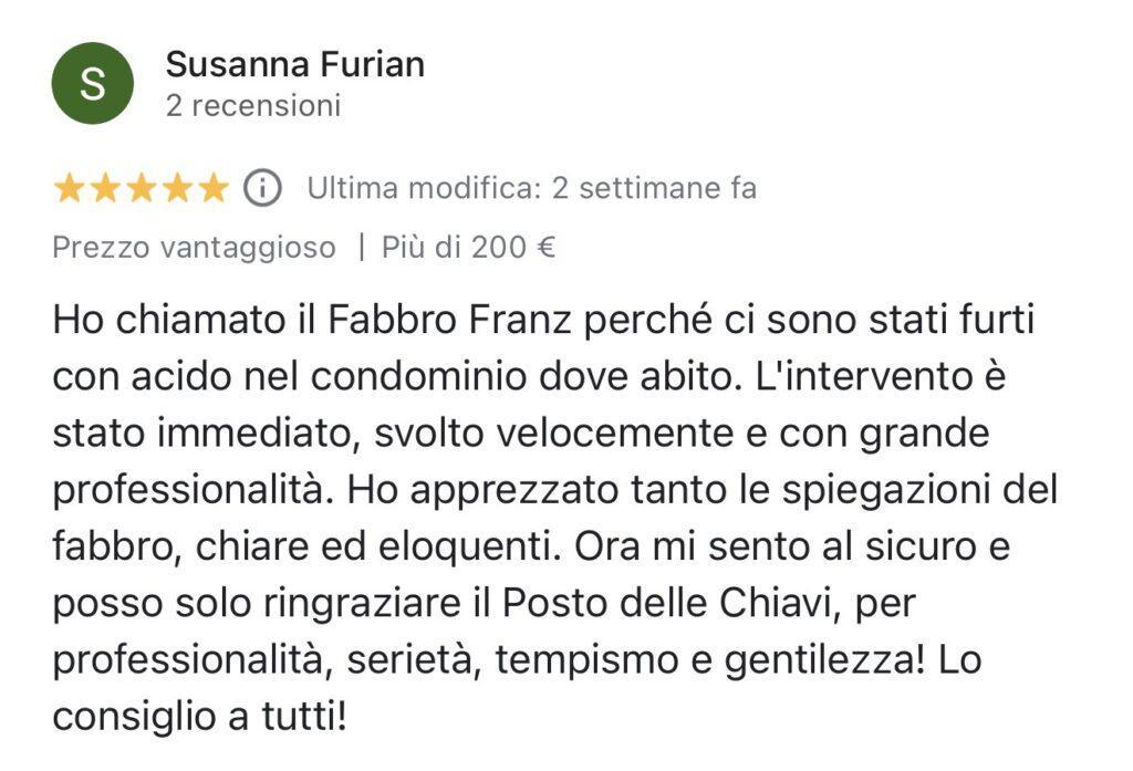 Recensione Google di Susanna Furian dopo furti con acido nel condominio