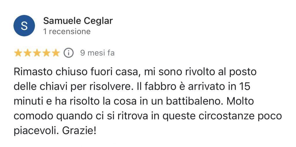 Recensione di un cliente del pronto intervento fabbro a Trieste: arrivo in 15 minuti e problema risolto rapidamente
